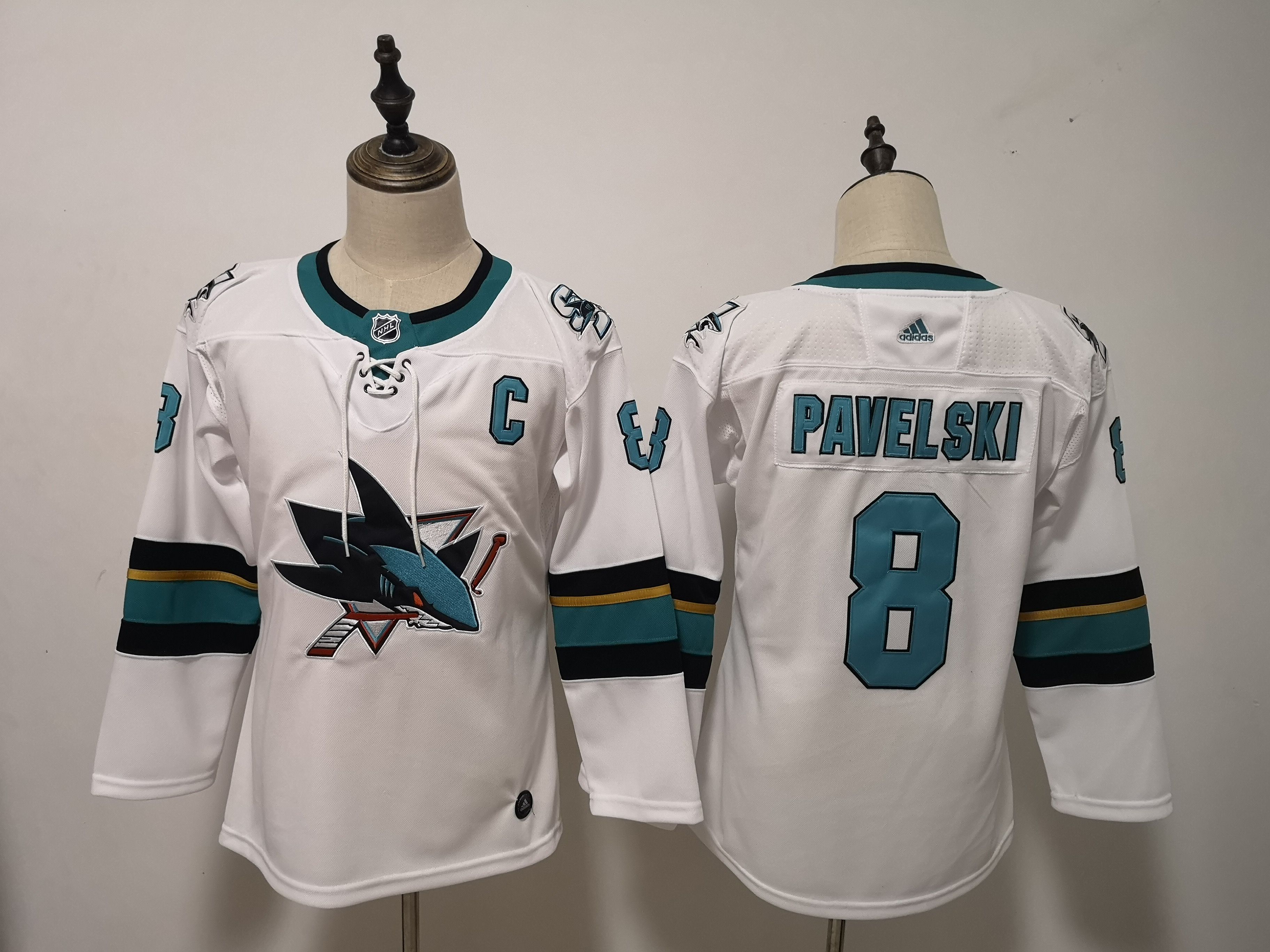 Women San Jose Sharks #8 Pavelski White Adidas Stitched NHL Jersey->women nhl jersey->Women Jersey